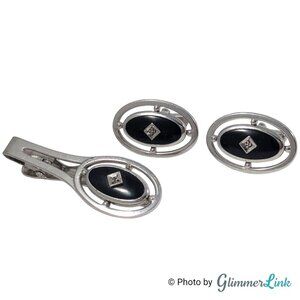 Anson Silver Tone Black Oval Cufflinks & Tie Bar Set with Diamond Accent, 1970s